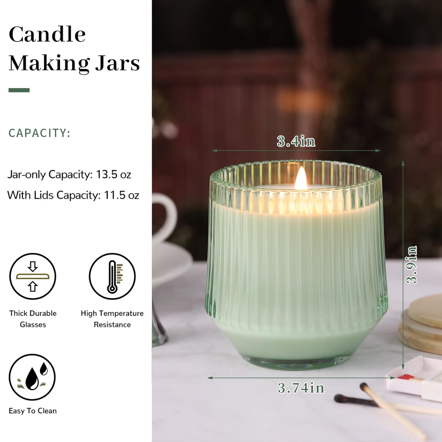 simeitol 13 OZ Light Green Large Candle Jars for Making Candles - 6 Pack Glass Candle Jars Bulk with Vertical Striped, Candle Vessels Supplies with Bamboo Lids and Candle Wick Kit, for DIY & Home
