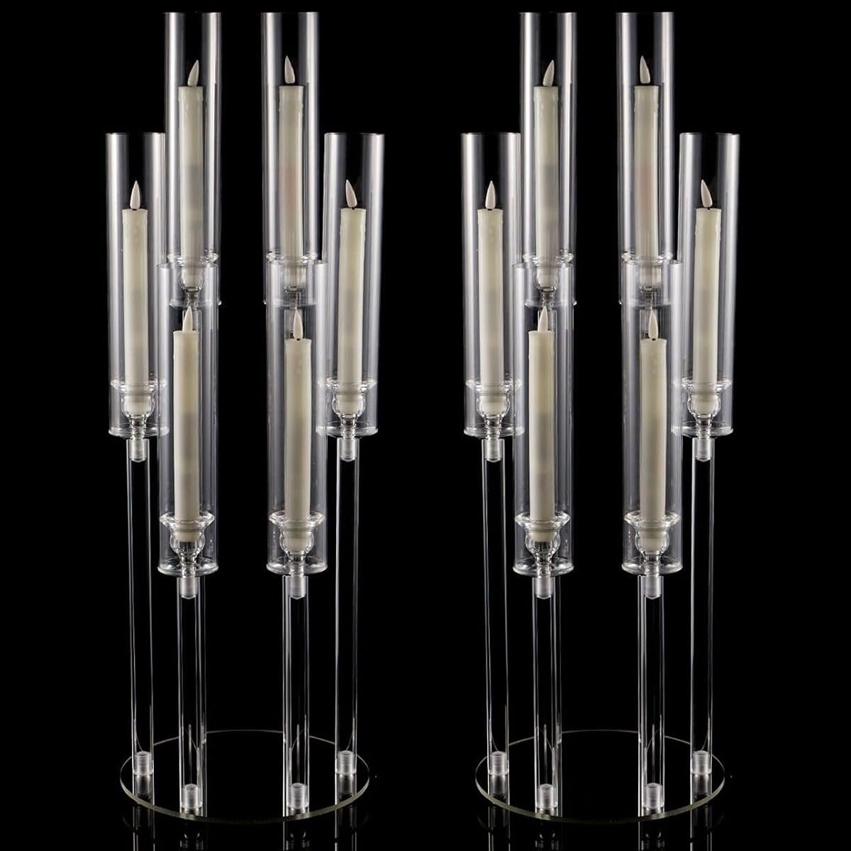 2pcs 6 Arm Acrylic Candle Holder with Round Base for LED Candles - Different Heights for Elegant Decor