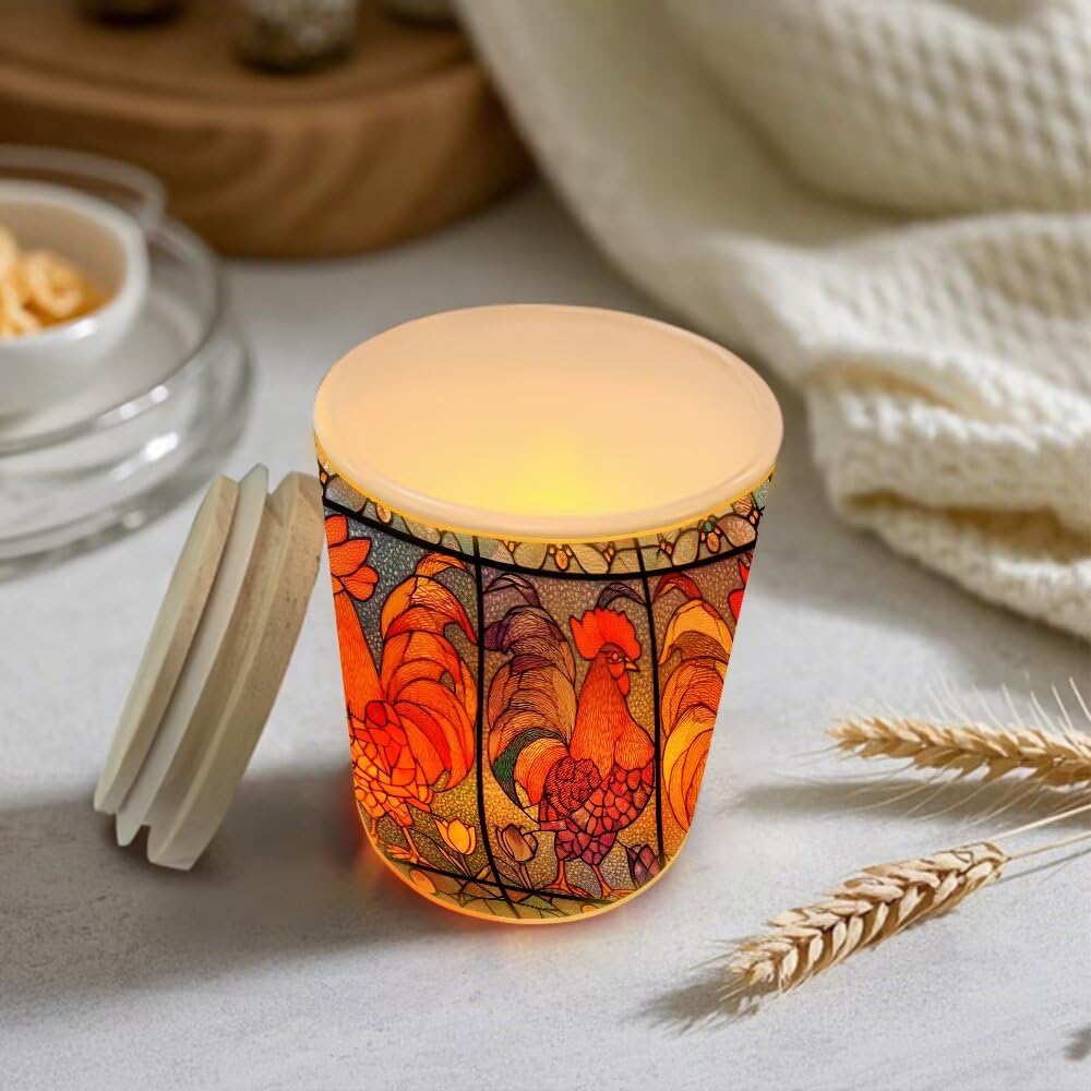 Stained Glass Roosters Tea Light Candle Holders, Country Chicken Tealight Candle Holder Jar with Wooden Lid, Farm Style Votive Candlesticks for Table Centerpieces,Christmas,Birthday Party