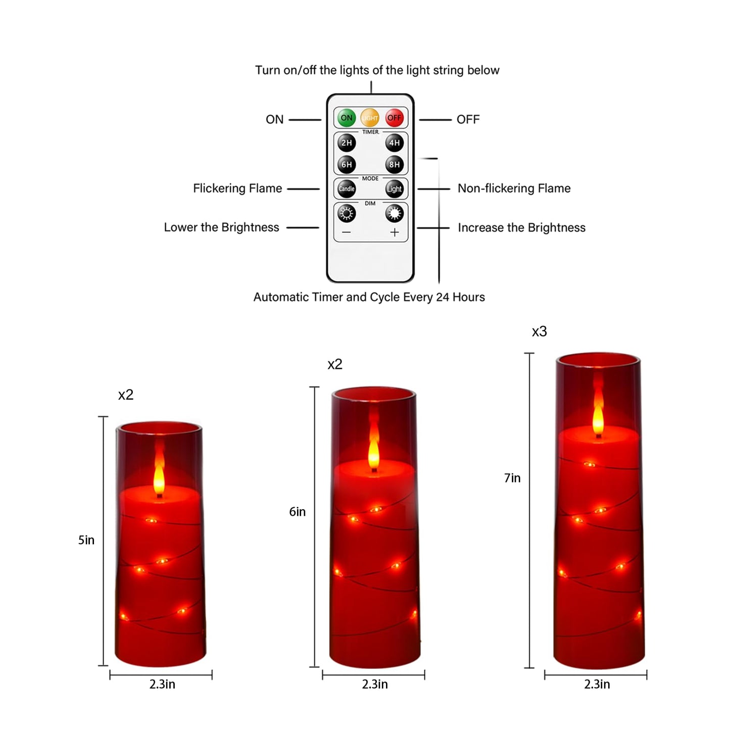 Flameless Candles,with Embedded Star String, Battery Operated Candles Flickering LED Pillar Candles with Remote Control and Timer, Home Decoration Add a Warm and Romantic Atmosphere，Set of 7 (Red)