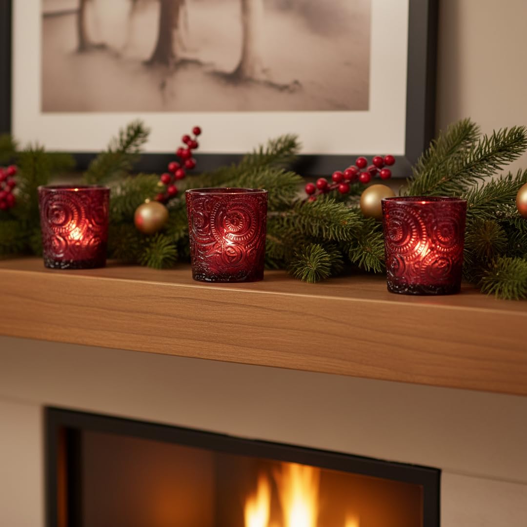 6 Pack Patented Sun Moon Star Embossed Glass Tea Light Candle Holders - Unique Votive Candle Holders for Wedding, Party, and Table Centerpieces (Wildberry Red)