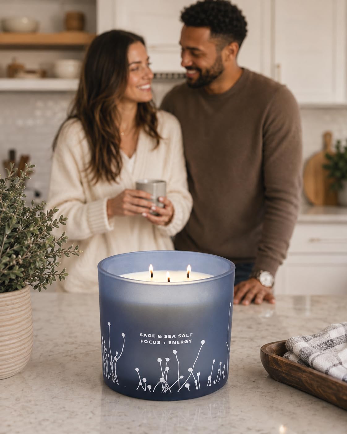 White Sage Sea Salt 3 Wick Candle - Large Soy Scented Candle 14.5 oz - Sage Candle for Cleansing House - Aromatherapy Energy Cleansing Candle for Home, Stress Relief, Women & Men