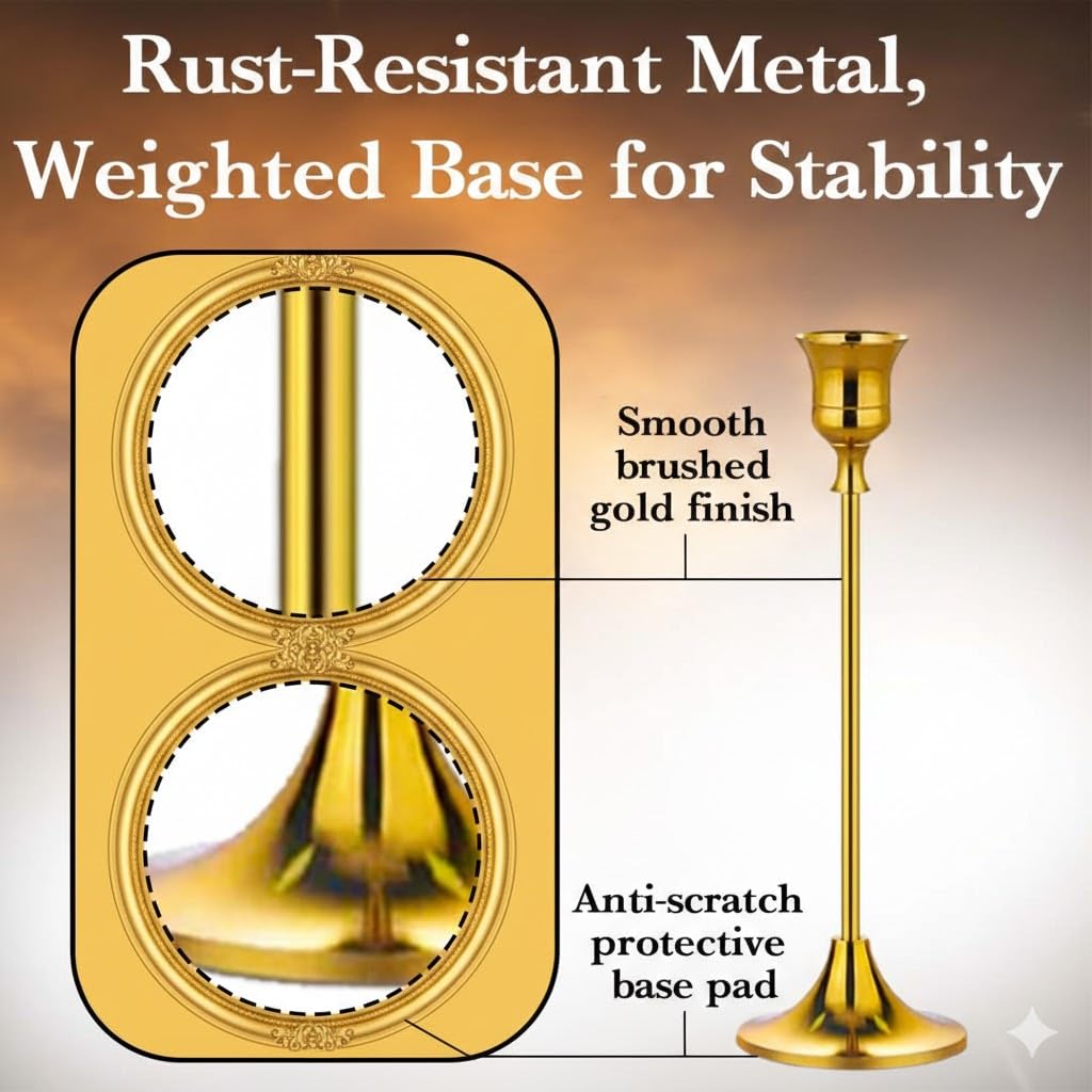 Gold Candlestick Holders Set of 6 – Decorative Taper Candle Holders for Home Decor, Weddings, Parties – Metal Candle Stands Brushed Finish – Easy Assembly – Fits Standard & LED Candles - Christmas