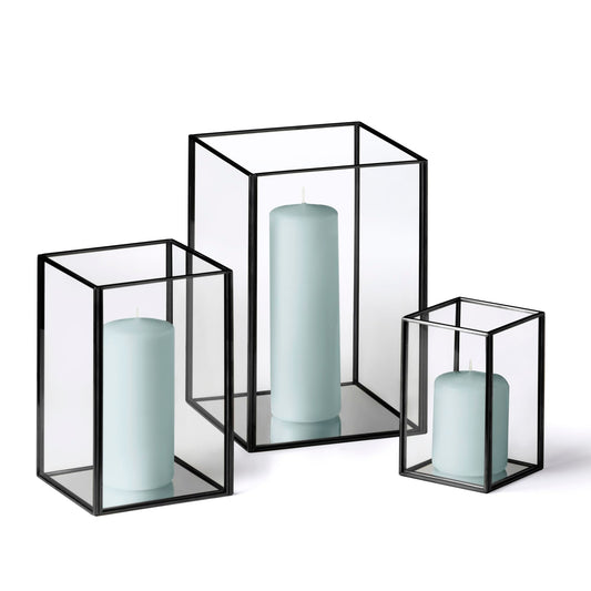 Yummi Set of 36 Slim Pillar Candles & Black Luxus Lanterns - Celestine Blue