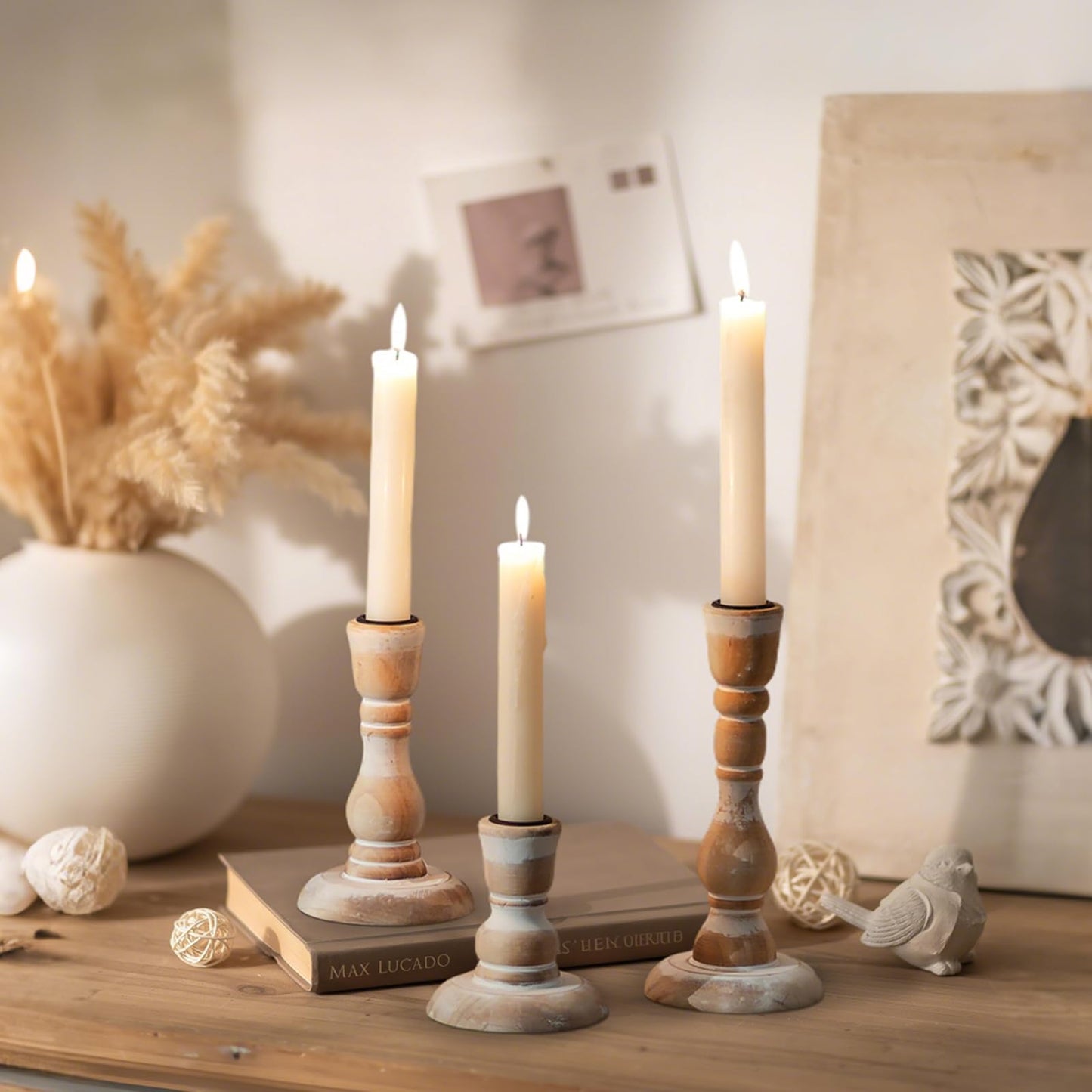 Inweder Wooden Candlestick Holders Rustic: Farmhouse Wood Taper Candle Holders Boho Candle Sticks Holder Fall Decor for Dinning Table Mantle Party Holiday Christmas Wedding Home Set of 3
