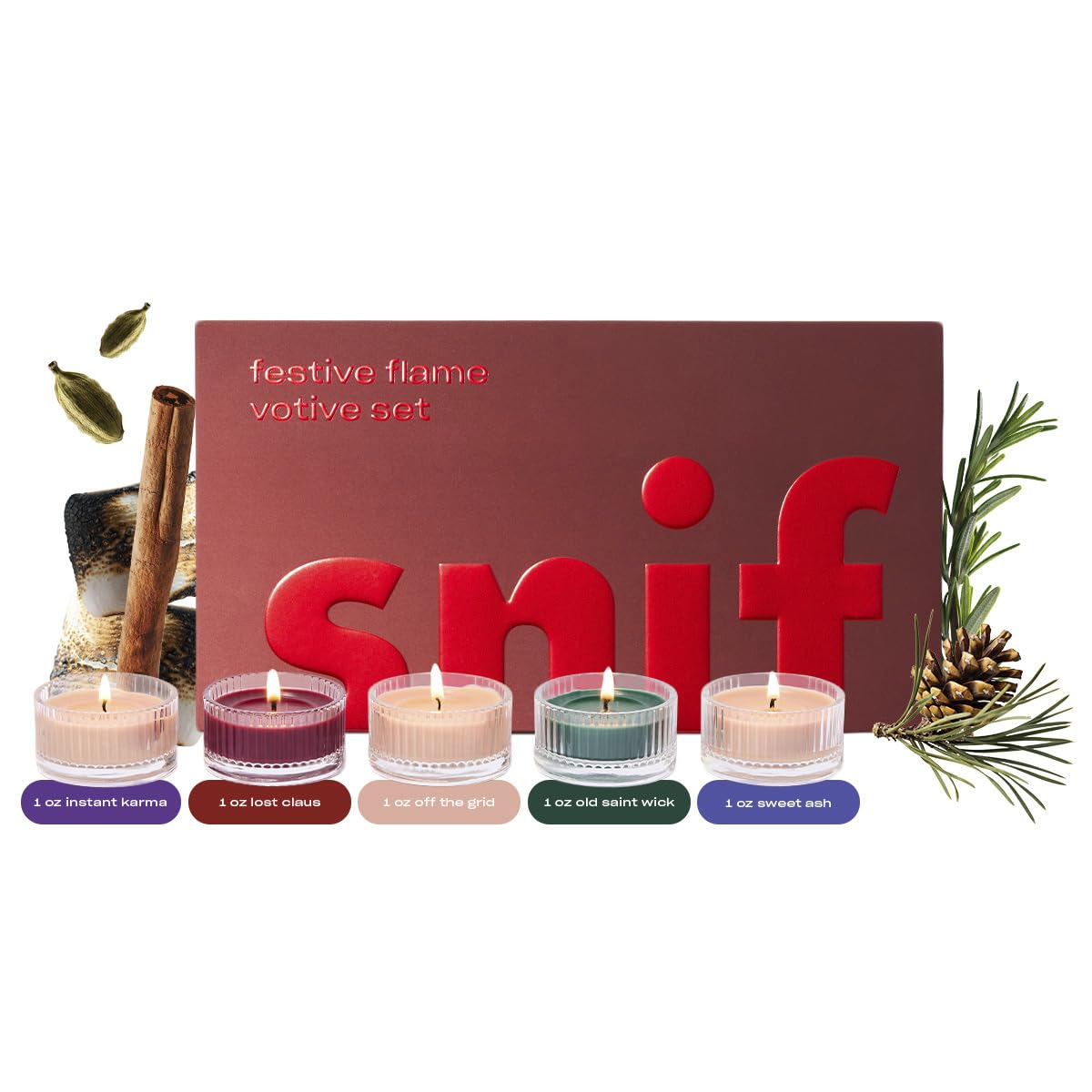 Snif Festive Flame Votive Candle Set, 5 Premium Holiday Scented Candles, 100% Cotton Fiber Wicks, Soy Wax Blend, Non-Toxic, Vegan