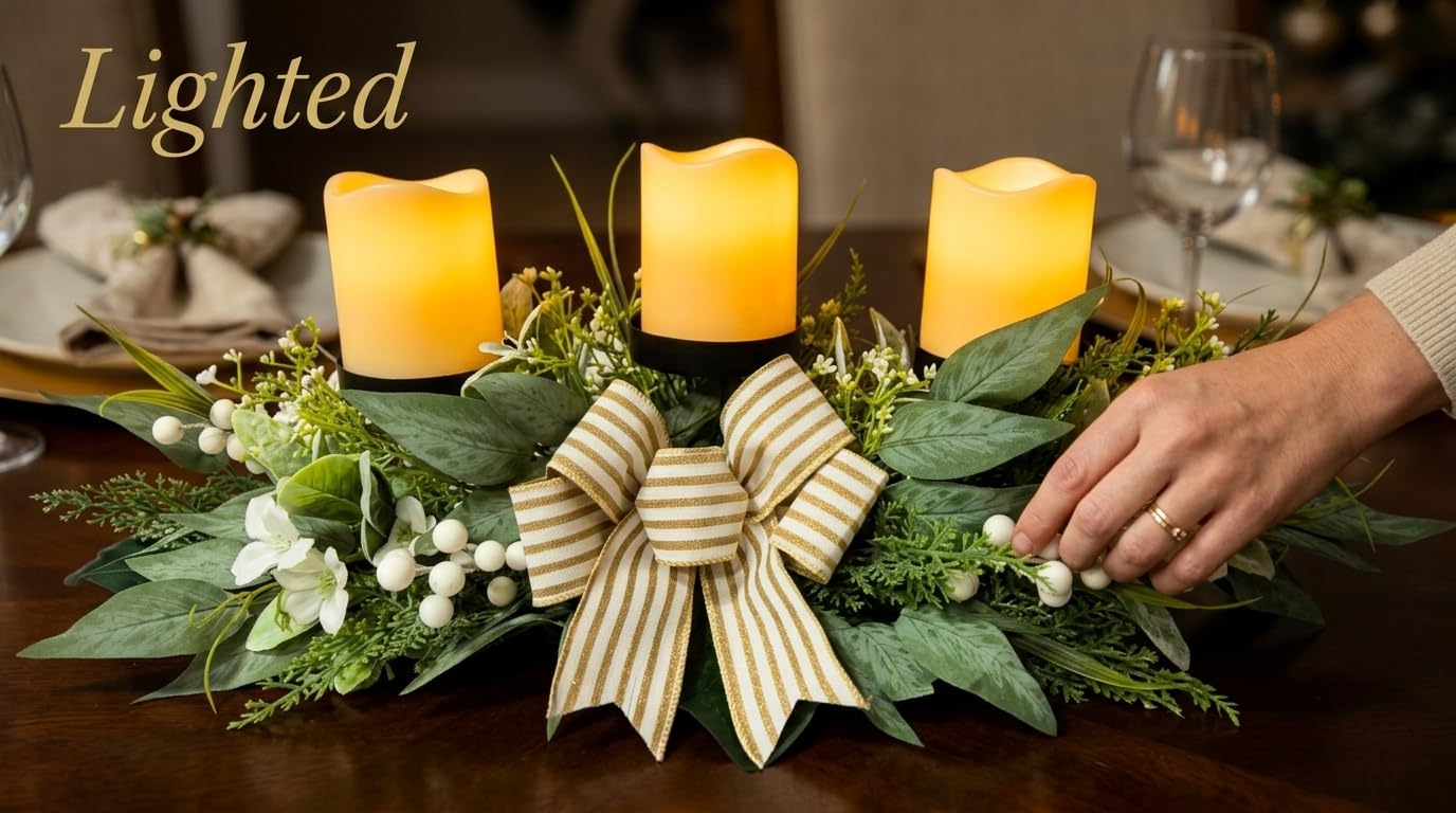 Candle Holder Centerpiece for Table,3 Wick Candle Holder with Artificial Gypsophila Flower,Artificial Eucalyptus Leaves Magnolia Holly Berries and Striped Bow for Table Centerpiece Decor,Dining Room