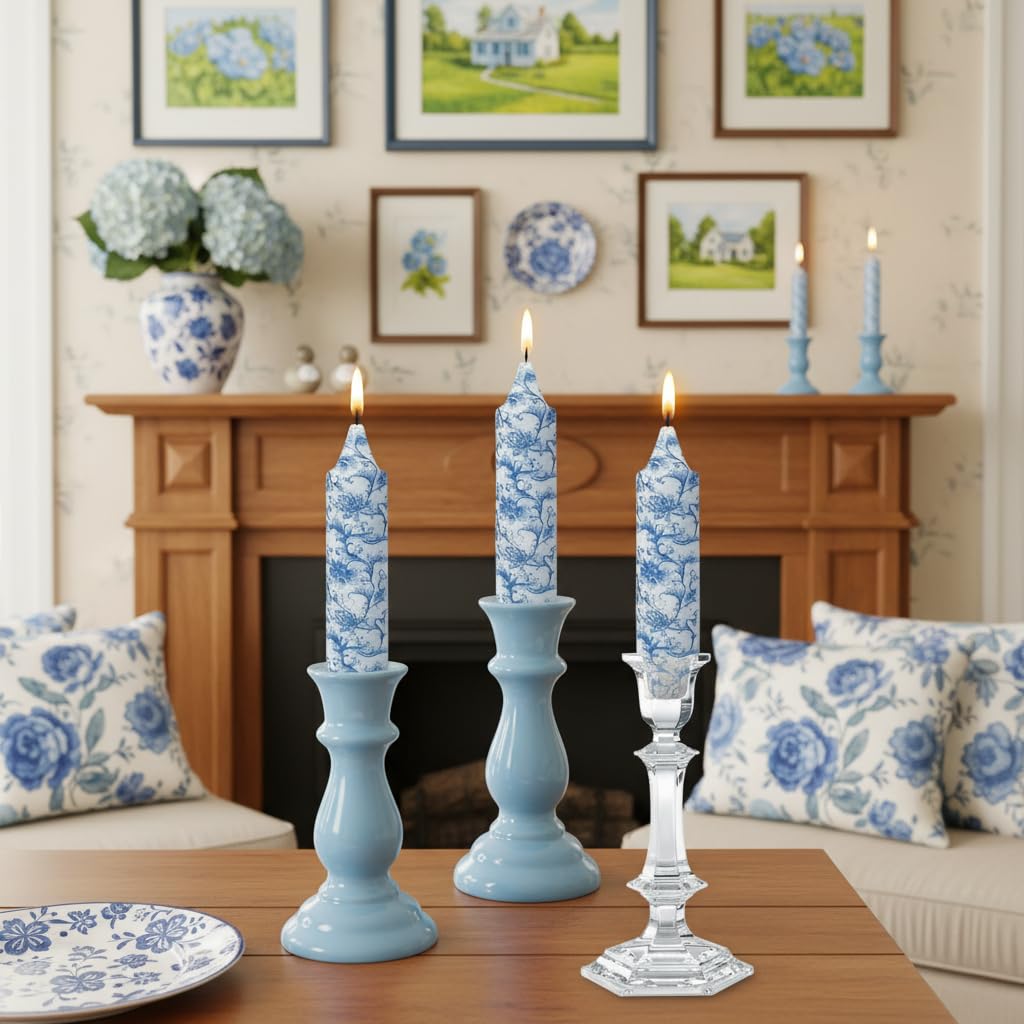 5 Inch Blue Flowers Chunky Taper Candles Short Handmade Blue and White Candle Sticks Smokeless Unscented Tapered Candles for Blue Wedding Present Spa Meditation Housewarming Home Decoration