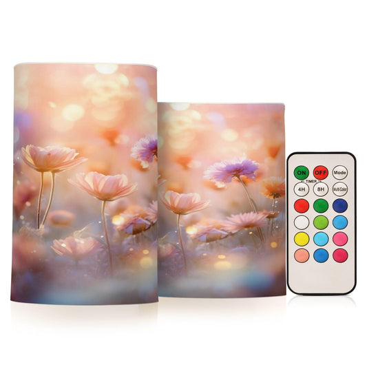 ALAZA Spring Blooming Flowers (2) Flickering Flameless Candles Battery Operated with Remote Timer,Tea Light Candles LED Pillar Votive Candles Set of 2 for Outdoor Indoor Decorations