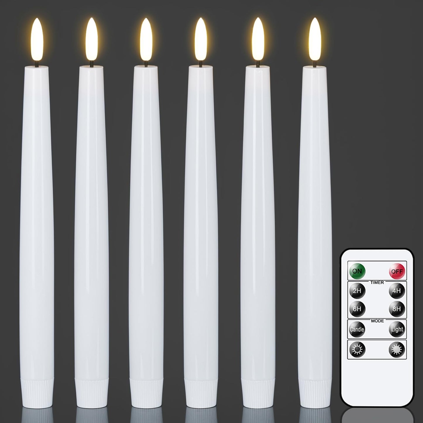 GenSwin LED Taper Candles with Remote Timer, White Flickering Flameless Taper Candles Battery Operated, Real Wax Flameless Candlesticks for Halloween Christmas Decorations(Set of 6, 0.78” x 9.84”)