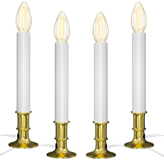 SUNSGNE Christmas Electric Window Candle Lights with Auto Sensor, Dusk to Dawn Candle Lamps with Gold Plated Base, 9'' Plug in Candle Lights with 0.6W LED E12 Bulbs for Window Table Decor, 4 Pack