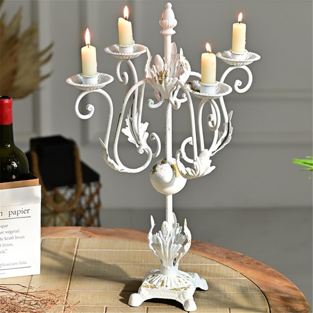 Candlestick Holders Retro Old Iron Four-Head Candlestick Dining Table Christmas Photography Props Homestay Decoration Candle Holders(White)