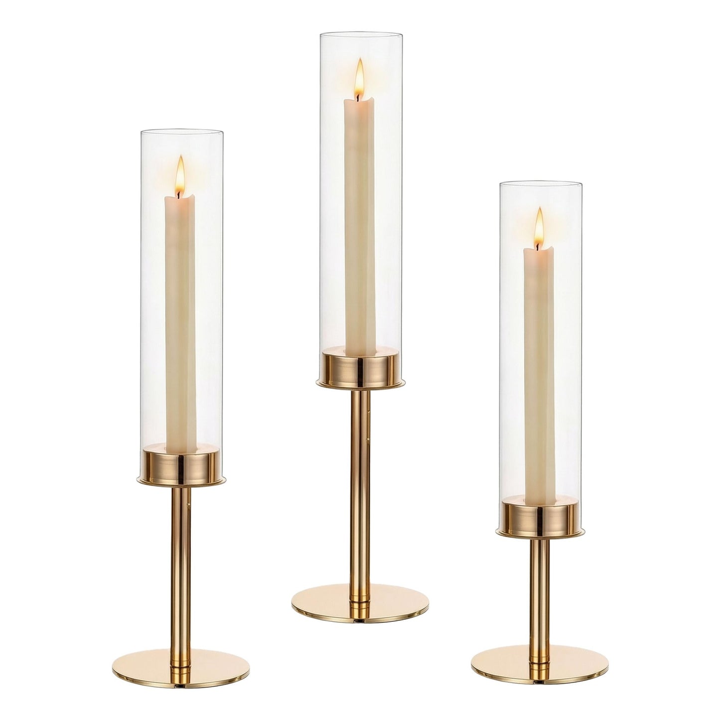 C COMCROSFLY Gold Candle Holders Set of 3, Elegant Glass Hurricane Candlestick Holders for Table Centerpiece, Wedding Decor, Modern Tall Candle Stick Holder for Dining Table, Home Decoration