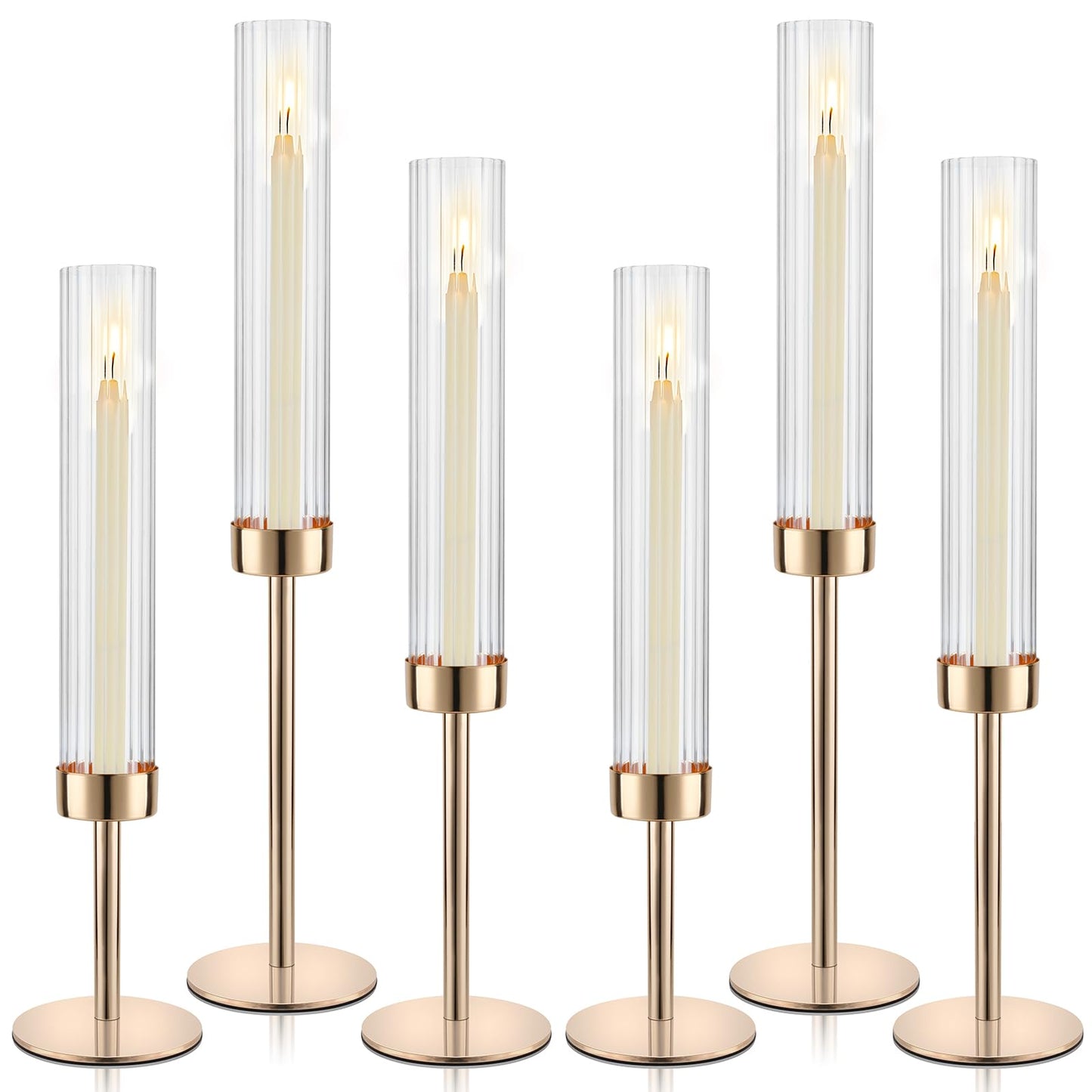 Gold Hurricane Candle Holders, Set of 6 Glass Taper Candlestick Holders Metal Candle Stands Bulk with Ribbed Glass Cover for Dining Tables Wedding Candelabra Centerpieces Decor