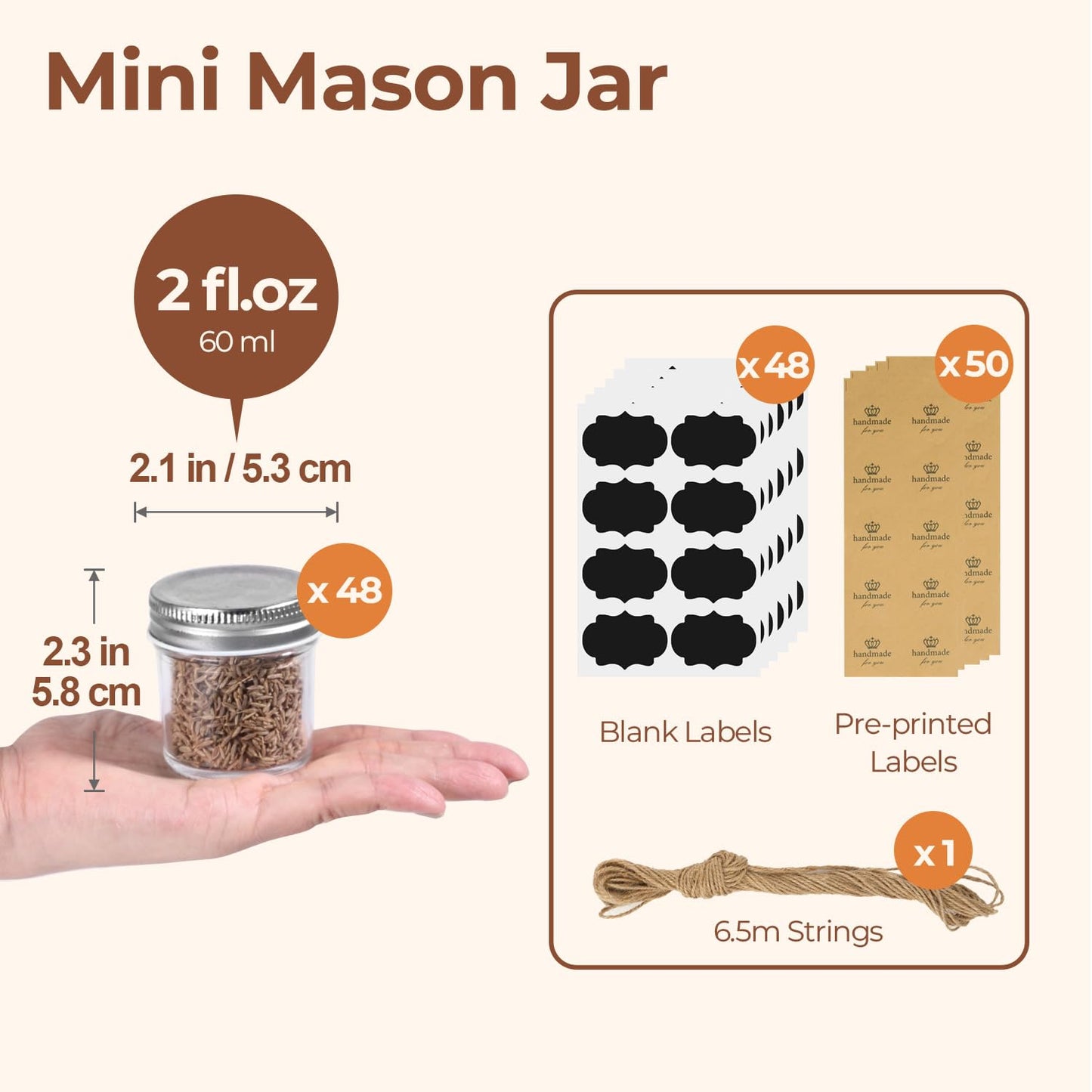 ComSaf Small Mason Jars 2 oz, 48 Pcs Mini Mason Containers, Small Canning Jars, Mini Glass Jar with Lids for Ginger Shots, Honey, Jams, Sauces, Spices, DIY Candle Decor, Dressing, Wedding Favors