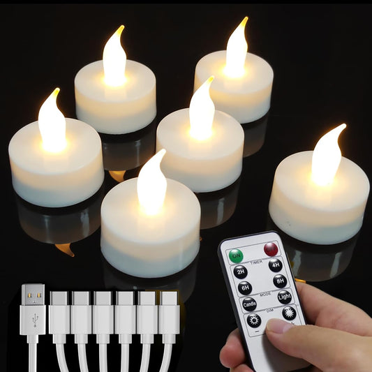 HONGJINGCHEN Rechargeable Candles Tea Lights with Remote Timer,Battery Operated Flameless LED Tea Lights Candles with USB Rechargeable for Halloween,Christmas,Weddings,Birthdays 6-Pack(Warm White)