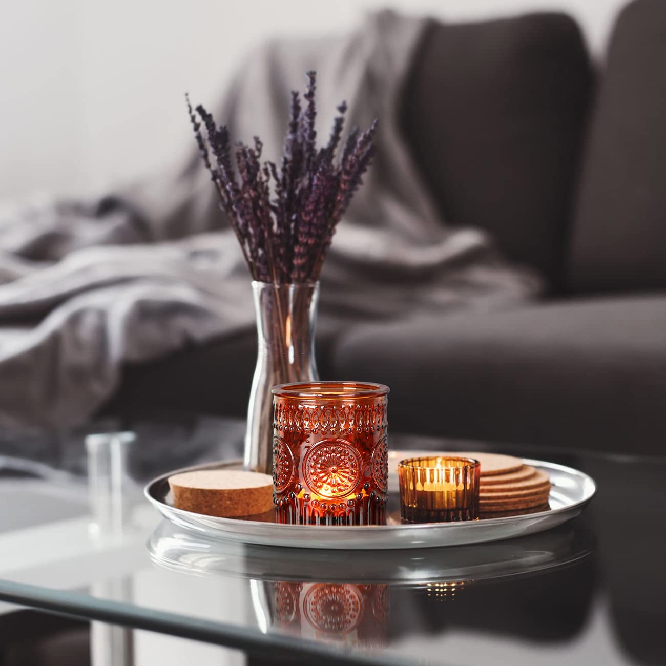 Lanttu Amber Votive Candle Holder Set of 12, Glass Tea Light Candle Holders for Home Table Centerpiece, Dinner Parties, Weddings Decor