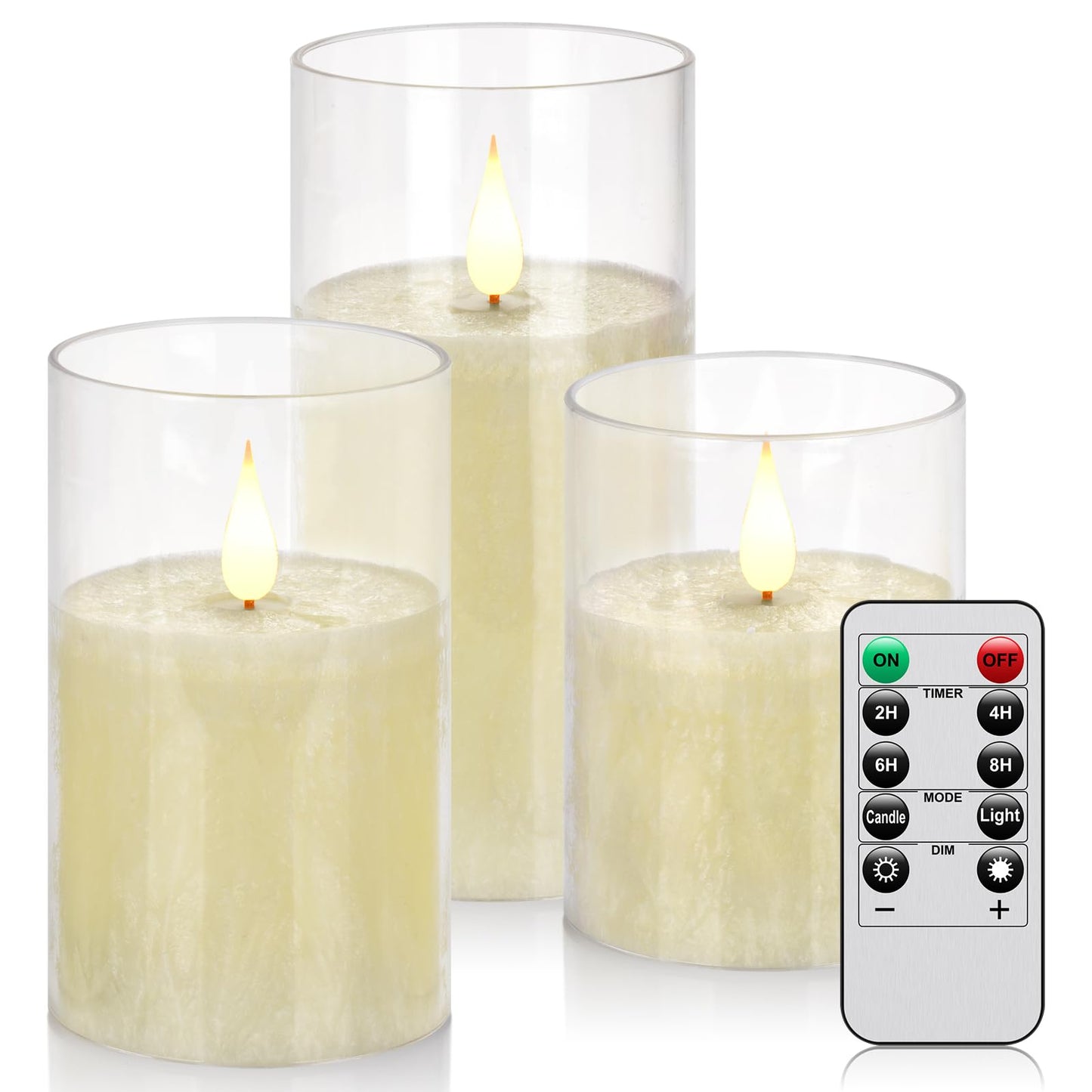 Flameless Flickering Remote Control Candle, Glass Pillar Candle,3 Pack (D:3"×H:4" 5" 6") LED 3D Flame Romantic Candle,Battery Operated Real Wax, Ideal for Wedding, Home Decor Holiday (Ivory)