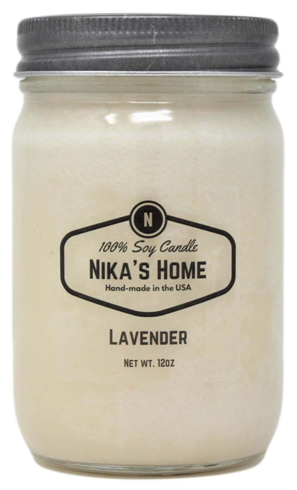 Nika's Home Lavender Soy Candle - 12oz Mason Jar - Non-Toxic - Hand Poured in The USA, Long Burning 50-60 Hours Highly Scented All Natural, Clean Burning
