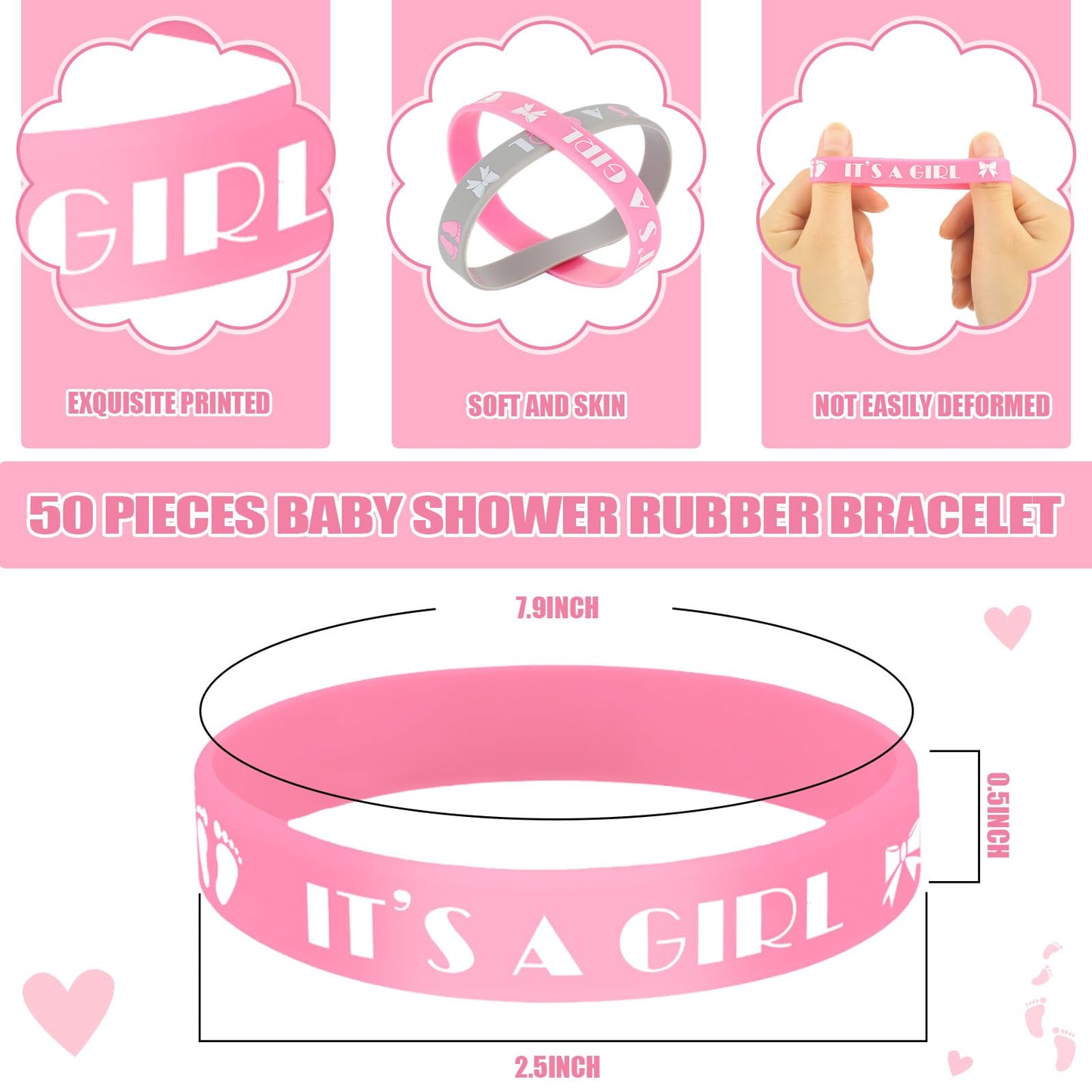 MTLEE 50 Sets Baby Shower Favors Tea Light Candles for Guests Cute Baby Shower Decorations with 50 Cards and 50 Organza Bags and 50 Silicone Bracelets for Boys Girls Gender Reveal (Pink,Cute)