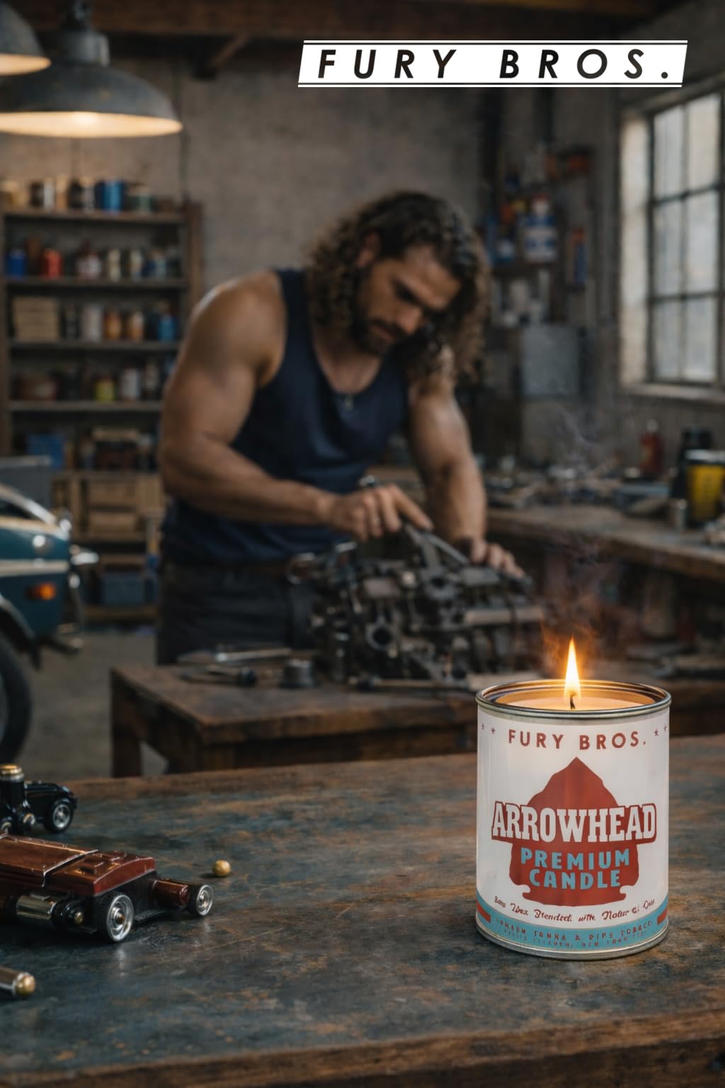 Long-Burning, One-Pint Premium Candles for Men | Vintage Inspired Oil Can Design | Arrowhead - Smoked Tonka & Pipe Tobacco | Soy Wax, Vegan Friendly, Made in The USA | Fury Bros. | Classically Cool