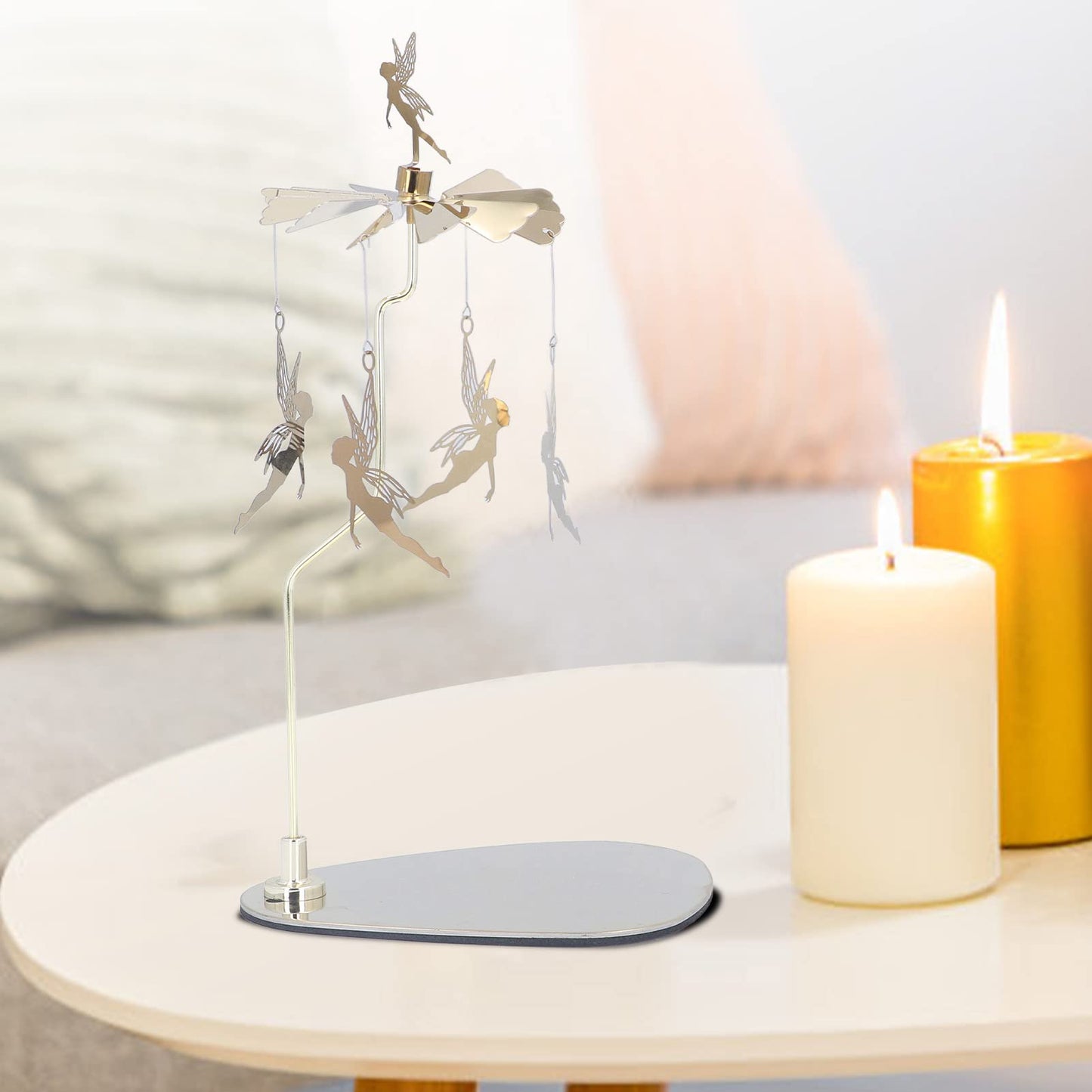 Cunyuer Candle Carousel Spinner, Rotarys Candle Holder Spinning, Gold Metal Flying Angels Tea Lights Candles Holder, Romantic Scandinavian Designed Ornament for Wedding Christmas