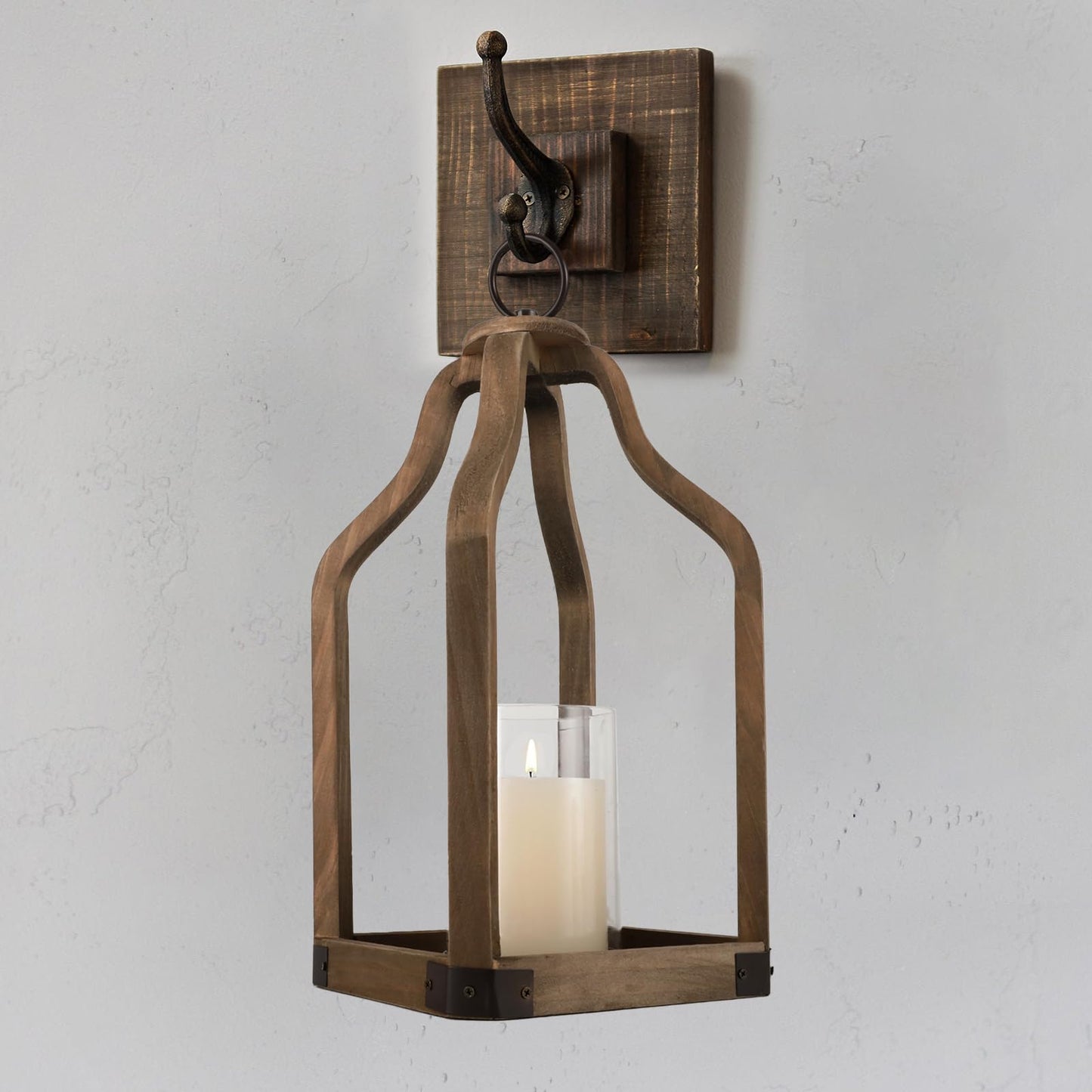 Rustic Wood Lantern Candle Holder for Farmhouse Decor - Indoor and Outdoor Table Centerpiece with Glass Hurricane, 15.7" High