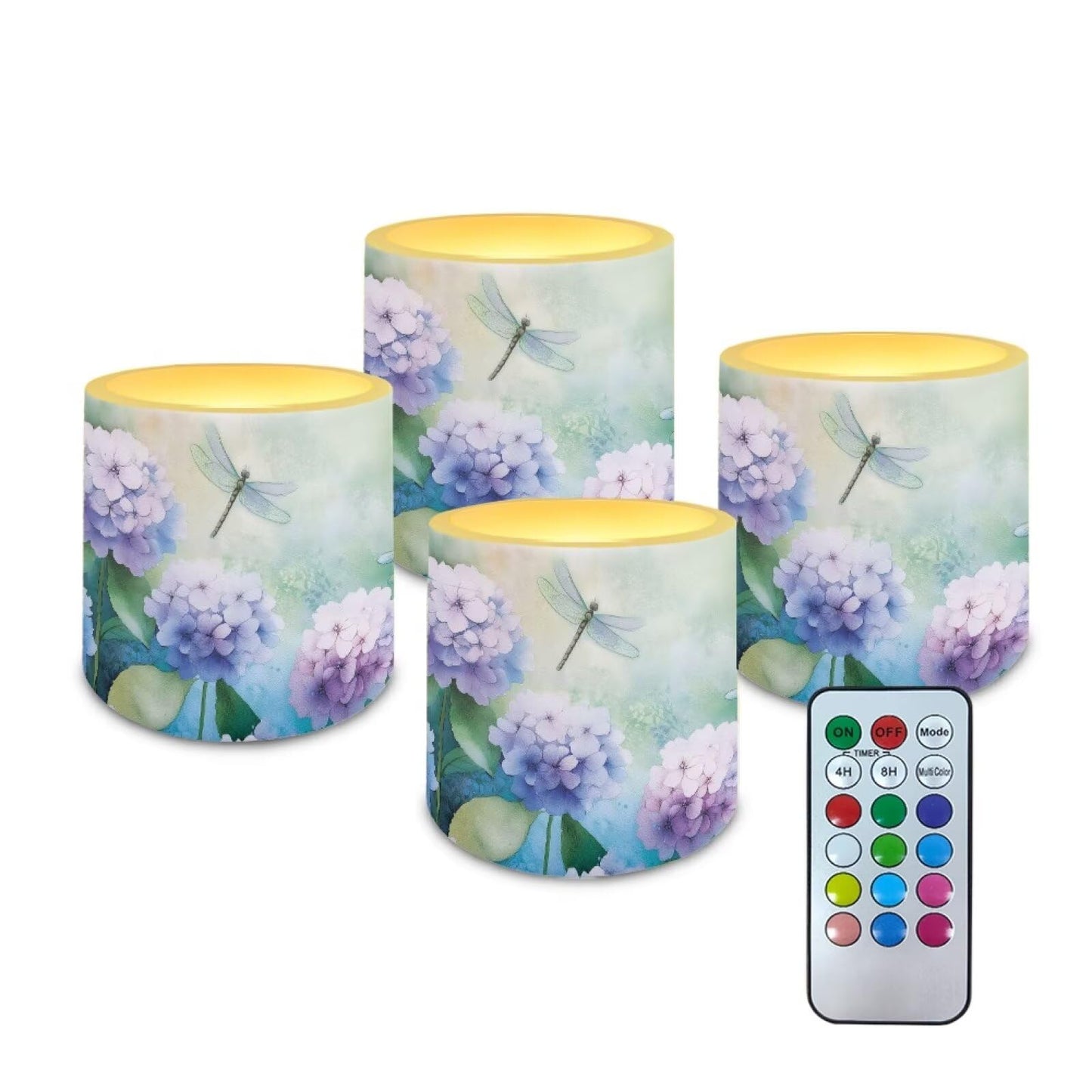 Cozeyat Hydrangea Dragonfly Elegant Flameless Candles 4 Pack Waterproof Battery Operated LED Pillar Candles with Remote Control Timer for Home Patio Garden Decoration