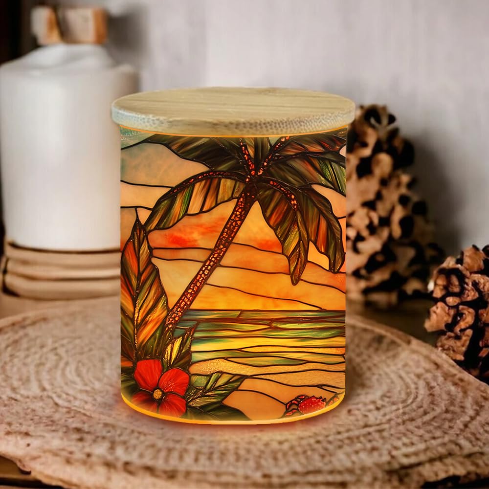 Stained Glass Seascape Tea Light Candle Jar for Home Decoration, Flowers Tealight Candle Holders with Bamboo Lid, Palm Trees Candle Candlestick for Thanksgiving Christmas Birthday