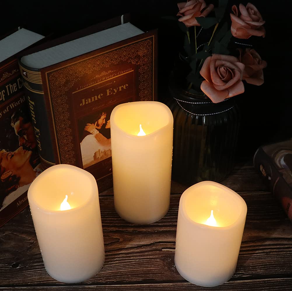 Eldnacele Waterproof Flameless Flickering Candles Weatherproof Battery Operated LED Candle with Remote and Timer White Plastic Pillar Candles Pack of 3 for Indoor Outdoor Lanterns D3”x H4” 5” 6”