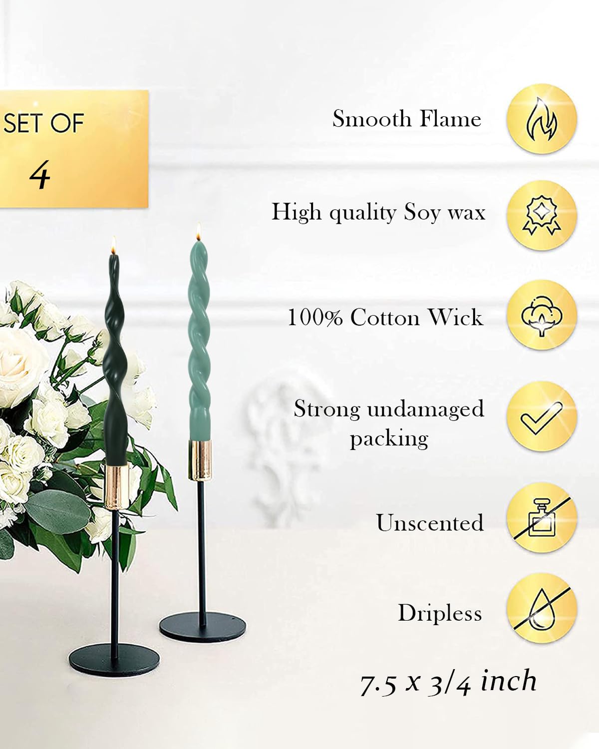 Green Spiral Taper Candles Short Candle Sticks Unscented Smokeless Twisted Candlesticks for Christmas Table Decor Holiday Dinner Party-7.5inch-4pack
