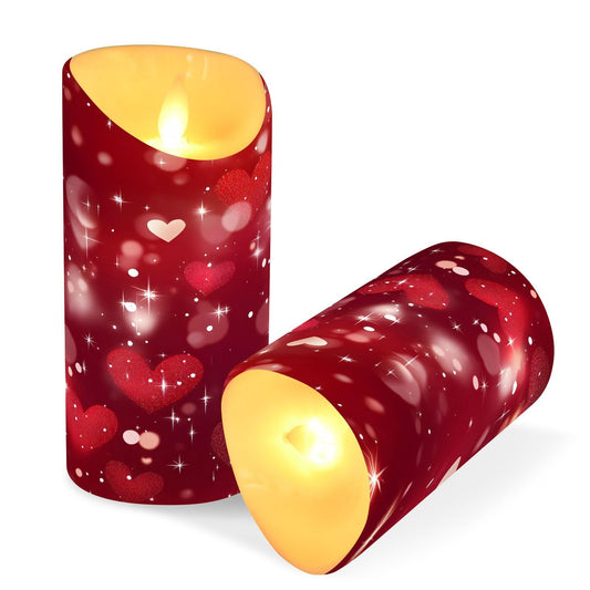 Valentines Flameless Candles Set of 2 Red Hearts Pattern Realistic LED Candles with Remote Battery Operated Holiday Decorations
