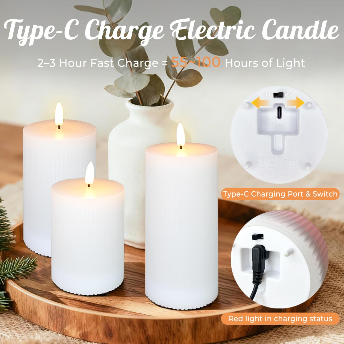 LEDHOLYT Rechargeable Flameless LED Pillar Candles–Luminous Real Wax Indoor Home Decor–Set of 3, Realistic Flickering LED Flame,Remote & Timer, USB-Rechargeable（White）