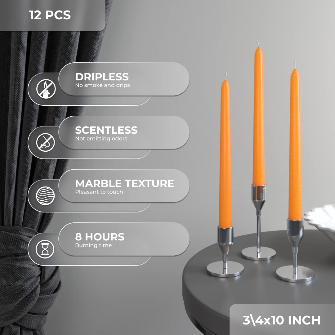 CANDWAX 10 inch Orange Taper Candles Set of 12 — Dripless Unscented Orange Candlesticks for Halloween Decorations, Dinner Table Centerpiece or Thanksgiving Décor