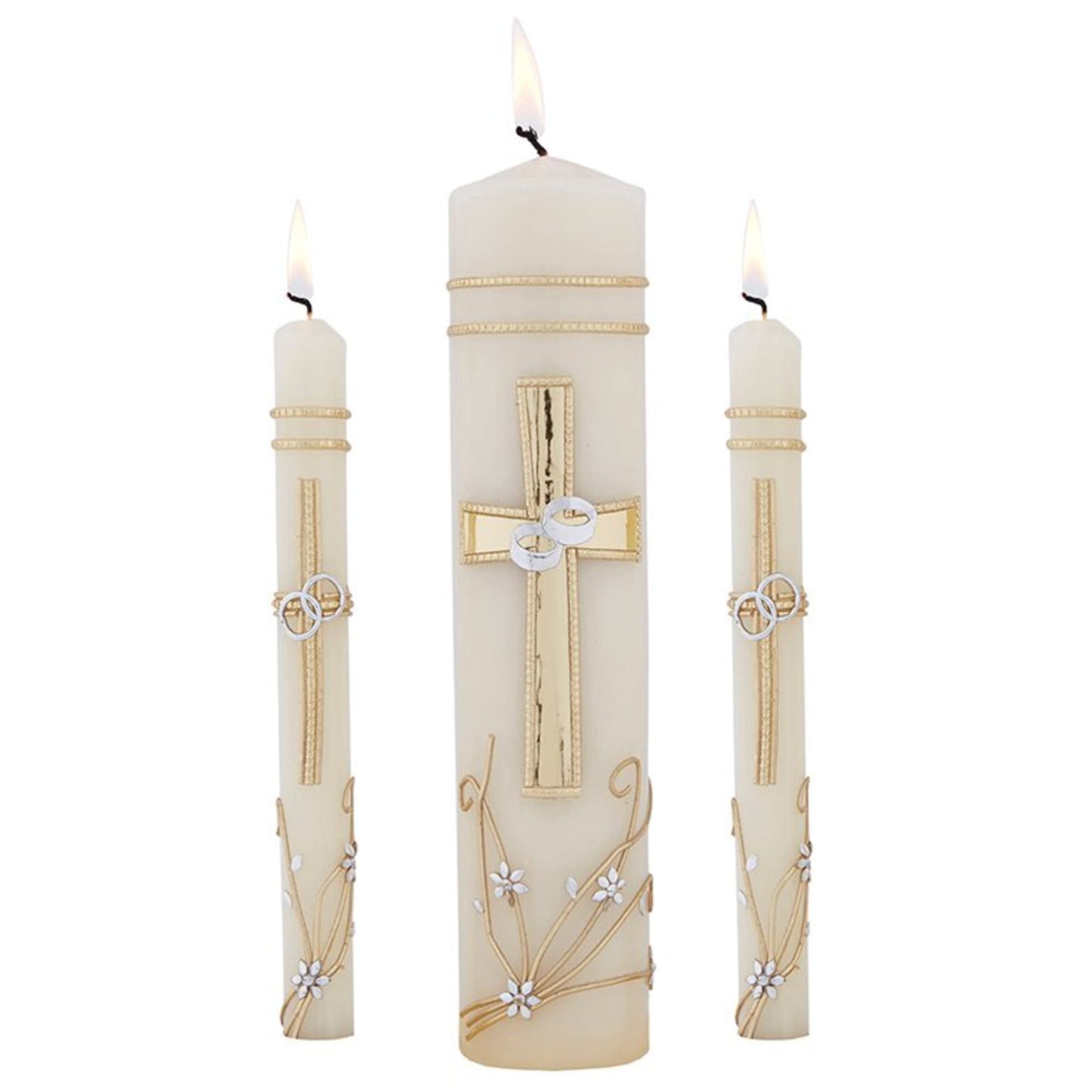 Needzo Wedding Unity Candle Set for Ceremonies, Gold Tone and Silver Toned Ornate Centerpiece Candles, 3 Pieces Included