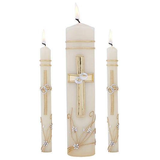 Needzo Wedding Unity Candle Set for Ceremonies, Gold Tone and Silver Toned Ornate Centerpiece Candles, 3 Pieces Included