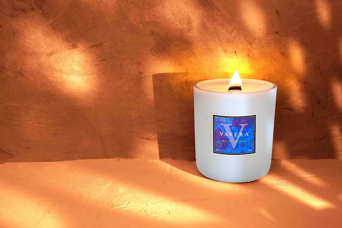VAVERA Moroccan Cashmere Wood Wick Candles that Crackle, 14oz Matte White Candle. A Rare Botanical Musky Blend. Amazing Versatile Scent for Men, Mothers Day Gifts for Mom! Hand-Crafted in USA.
