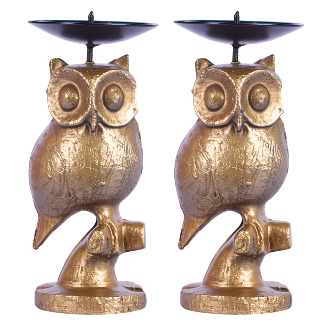 Gold Owl Candle Holder Set of 2 – Decorative Taper & Small Pillar Candlestick Holders for Dining Table, Living Room & Home Décor