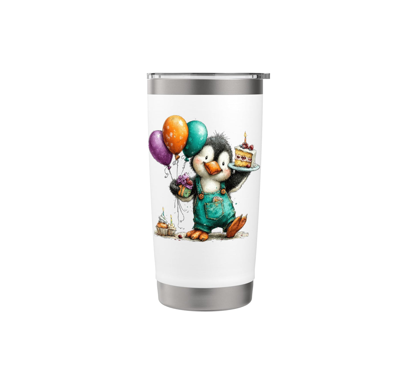Cute Penguin Birthday Cake Balloons Celebration Stainless Steel Insulated Tumbler