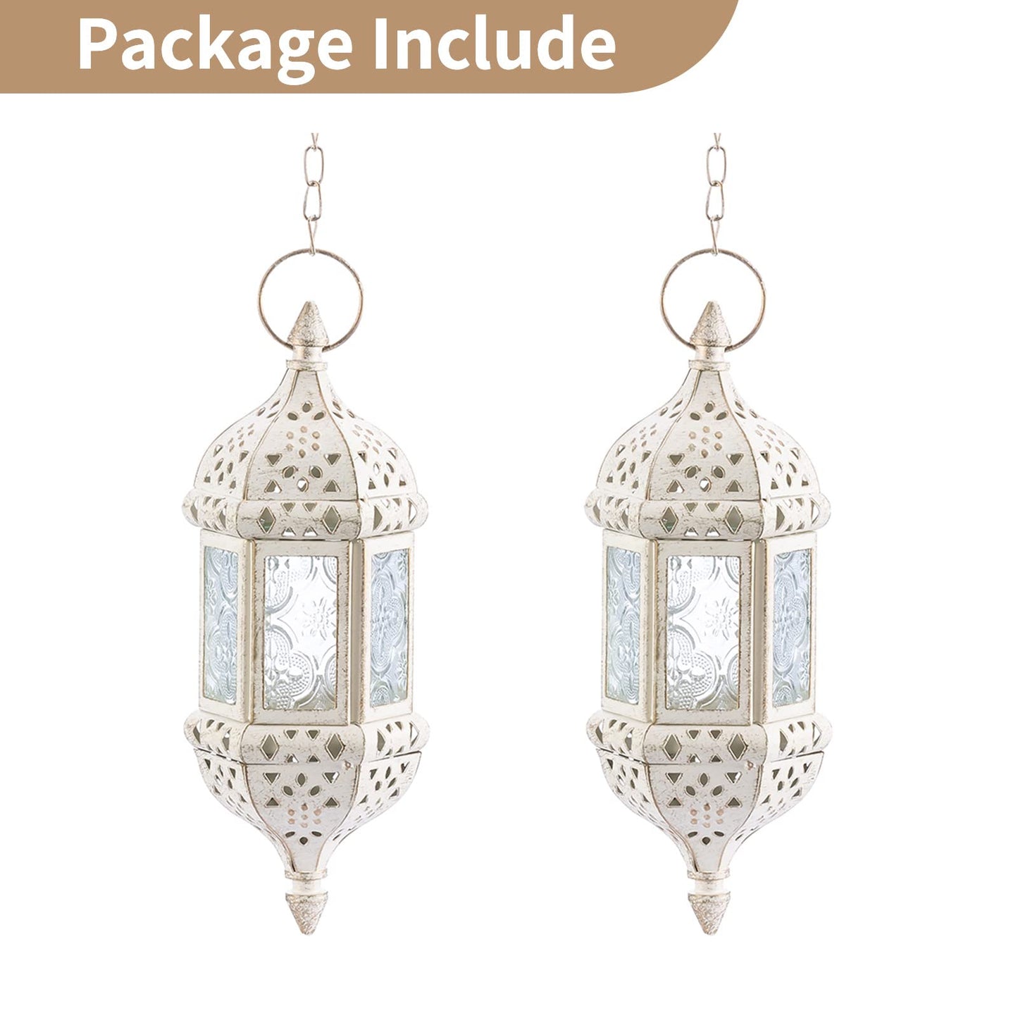 2 Pcs Moroccan Lantern Metalwork Hanging Tealight Candle Holder Metal Glass Indoor Outdoor Battery Operated LED Flameless with 35cm Chain, White