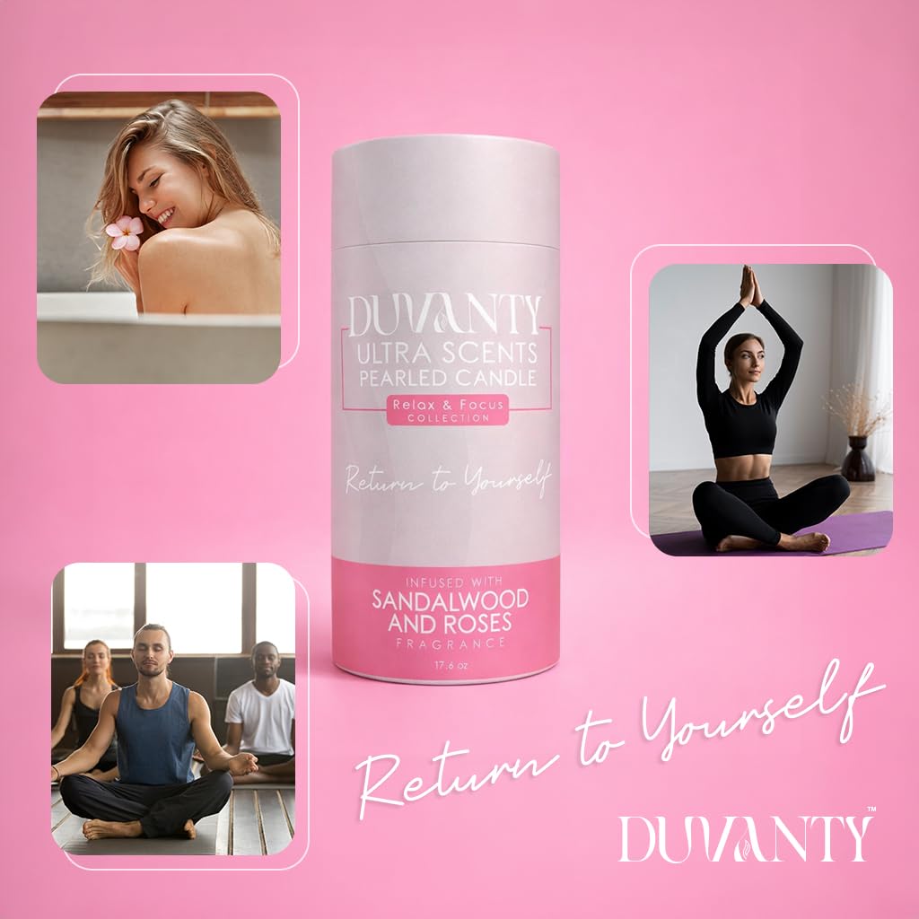 Duvanty Relax & Focus Pearled Candle Sand with Wicks – Sandalwood & Roses Scented Candle for Elegant Home Ambiance, Decorative Wax Beads & Cozy Evening Rituals, 17.6 oz