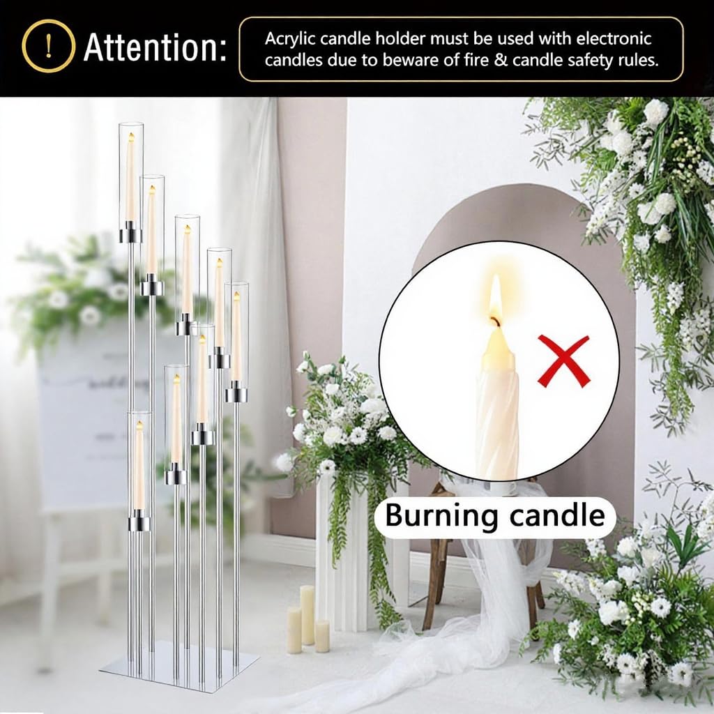 Floor Candle Holder with Acrylic Lampshade, 49.2in Tall Acrylic Candlestick Holder for Taper LED Candles, Silver Candelabra Centerpiece for Table Wedding Party Event Reception Home Decoration (Silver)