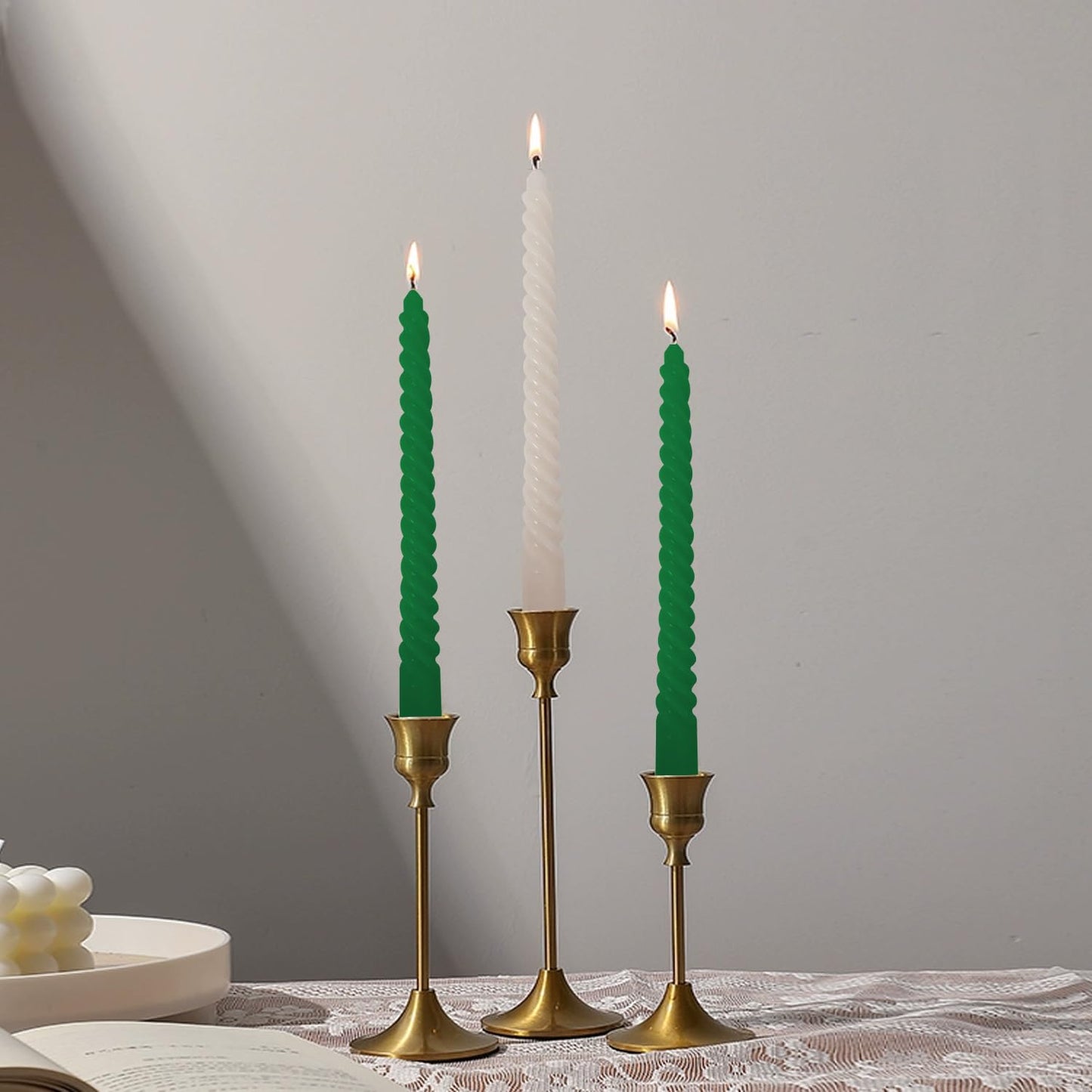 Topsics Taper Candles, Spiral Twisted Taper Candles Set of 4, Unscented Taper Candlesticks 10 inch Tall, Home Decor Kitchen Decor Wedding Decorations (Green & White)
