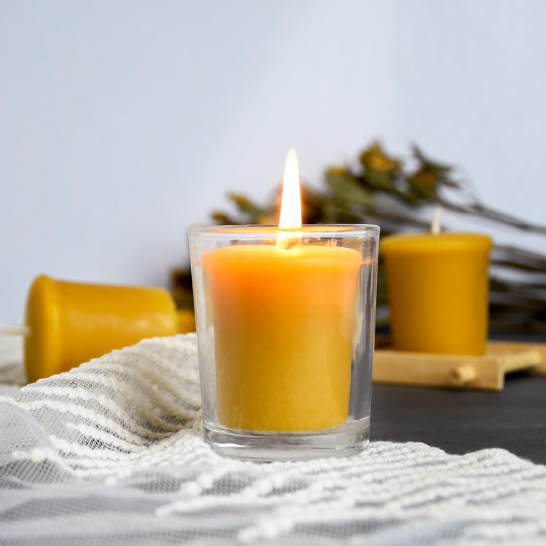 Pure Beeswax Votive Candles-6 Pack Natural Votives Set in Glass Jar for Home Room Decor Party Wedding Spa Gift,12 Hours Burn