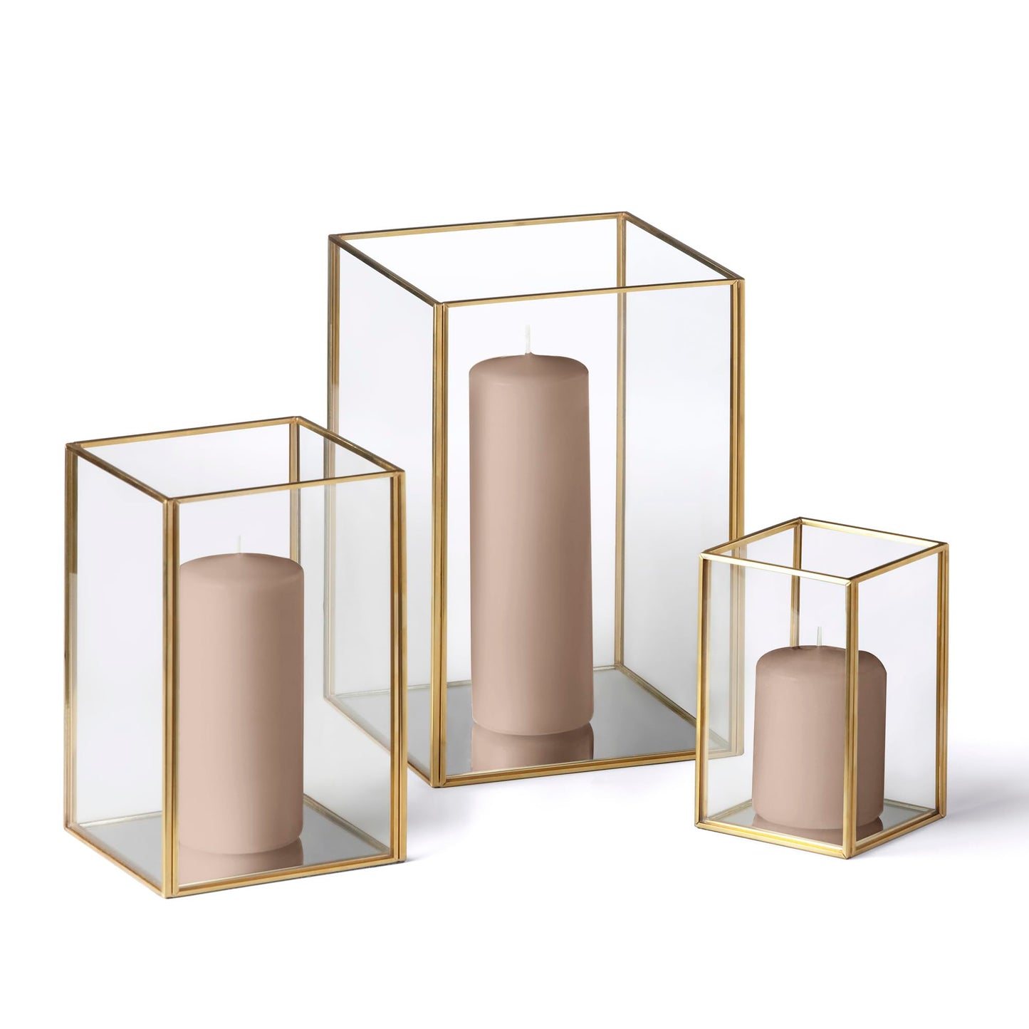 Yummi Set of 36 Slim Pillar Candles & Gold Luxus Lanterns - Sandstone