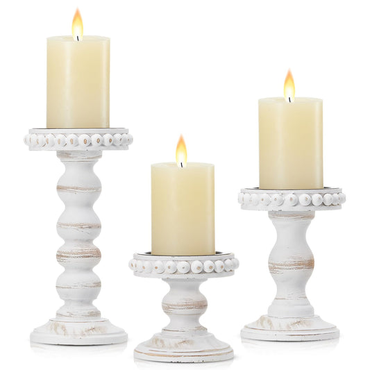 Mumufy 3 Pcs Candle Holders for Pillar Candles Rustic Farmhouse Home Decor Decorative Washed Beaded White Black Wood Candle Holder Country Style for Table Mantel Fireplace Wedding (White,Small)