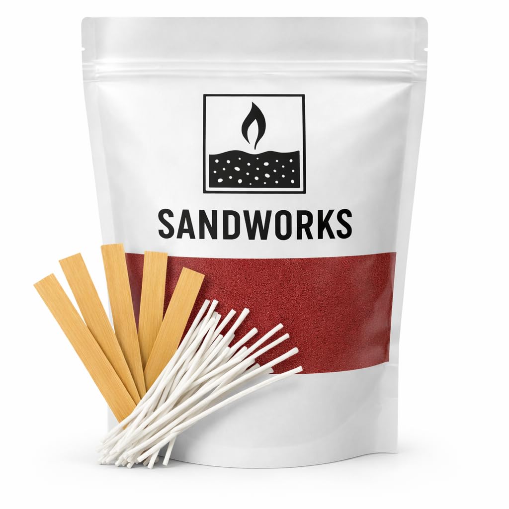 SANDWORKS Sand Wax Candle Making Kit – 5 Wooden Wicks & 15 Cotton Wicks, 500 g Premium Fragrance-Free Sand Wax (Ember Red)