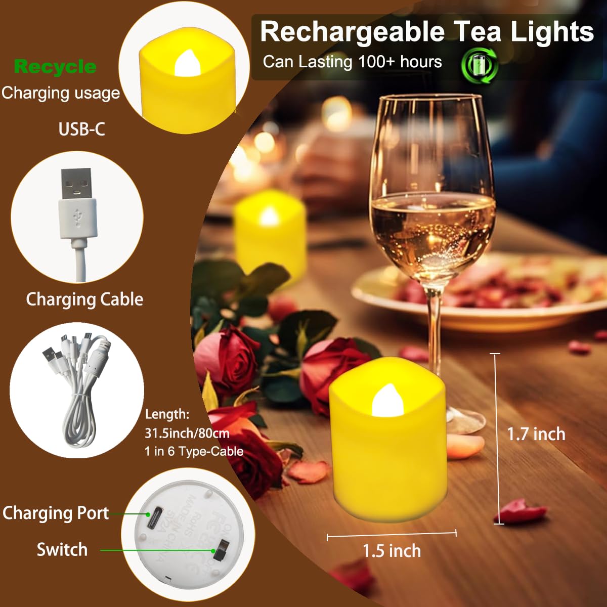 Jialine Rechargeable Tea Lights with Remote Timer, Battery Operated Flameless Votive Tea Lights Candles, USB Tealights Candles for Weddings,Parties,Halloween,Home Decor Seasonal Decor(6 Pack)