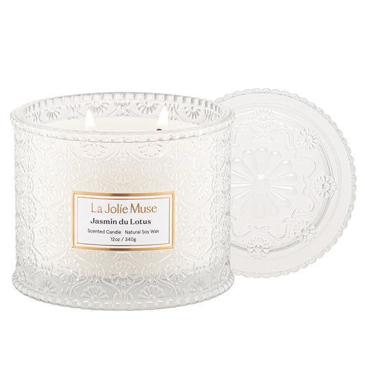 LA JOLIE MUSE Jasmine Lotus Scented Candles for Home | 2-Wick Non Toxic Natural Soy Floral Candles | White Large Jar Candle for Women | Luxury Gifts for Mom | 12 oz