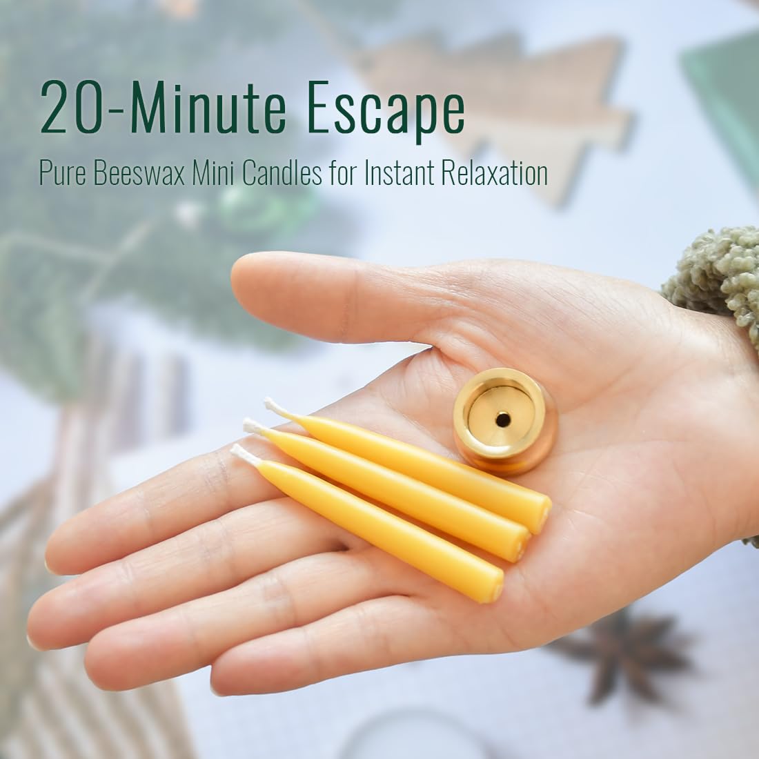 20 Minute Pure Beeswax Candles, Dripless Meditation Candles, Mini Taper Candles, Set of 20 with Brass Candle Holders.